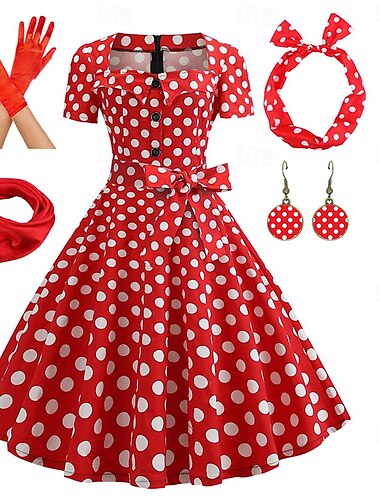  Damen-Rockabilly-Kleid in A-Linie, gepunktet, Swing-Kleid, ausgestelltes Kleid mit Zubehör-Set, 1950er-60er-Jahre, Retro-Vintage-Stil, mit Stirnband, Chiffon-Schal, Ohrringe, Katzenbrille,