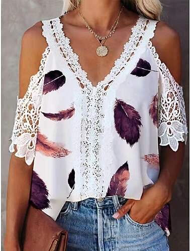  Damenhemd Spitzenhemd Bluse weißes Spitzenhemd lässig Blumenspitze Cut-out-Print Kurzarm normale Oberteile V-Ausschnitt Urlaub Alltag weiß gelb rot Sommer