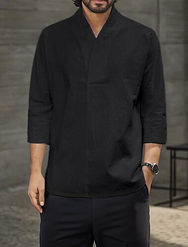  Férfi Ing Pamut vászon ing Fehér pamut ing Alkalmi ing Sima Hawaii Szabadság Fekete Fehér Sárga Sötétkék 3/4-es ujj V-alakú Tavaszi nyár Ruházat