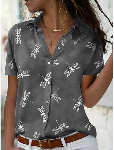  chemise décontractée à manches courtes pour femme, imprimé libellule, col à revers, boutonné, rose poudré, coupe décontractée, mode printemps été, haut à porter au quotidien, tailles S à XL