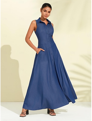  Mujer dobladillo maxi Azul Piscina Sin Mangas Color sólido/liso Abotonar Bolsillo Verano Diseño Vestidos S M L
