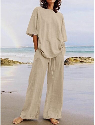  Ensembles en coton et lin pour femmes, ensembles deux pièces, basique, couleur pure, poche, taille élastique, t-shirt, pantalon, rue, quotidien, manches longues, col ras du cou, noir, blanc, bleu marine, marron clair, bleu, été, printemps