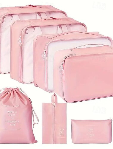  7-teiliges Set mit Packwürfeln für die Reise, tragbare Gepäckaufbewahrungstasche aus Netzmaterial, Organizer-Tasche für Unterwäsche und Kleidung mit Schuhtasche