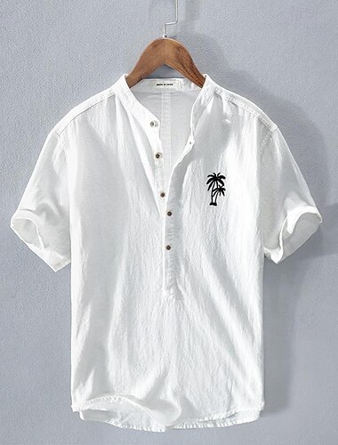 Homens Camisa Social camisa de linho Camisa de linho de algodão Camisa de algodão branco Camisa Aloha Minimalista Camisa de colarinho chinês Coqueiro Férias Rua Branco Azul Marinha Cinzento Azul Claro