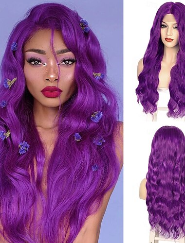  Rubio castaño púrpura verde peluca azul pelucas onduladas largas para mujeres parte media peluca cosplay pelucas sintéticas rizadas largas pelucas púrpuras para mujeres uso en fiestas de halloween