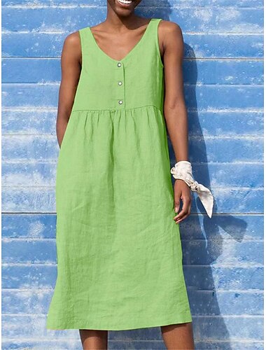 Damen Schwarz Gelb Hellgrün Sommer Frühling Midikleid Baumwoll-Leinen-Kleider Trägerkleid Baumwoll-Sommerkleid Lässig Urlaub Täglich Lässiger Schnitt Einfach V Ausschnitt