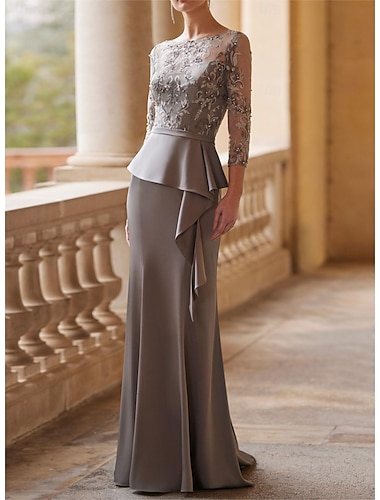  Meerjungfrau Mutter der Braut Kleid Elegantes Vintage Party Illusionshals Schmuckhals Bodenlang Spitze Stretchstoff 3/4-Langen Ärmel Halber Ärmel mit Band  Schleife Raffung Perlen 2025