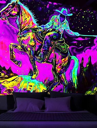  blacklight wandtapijt uv-reactief glow in the dark glow party neon western cow man psychedelisch trippy mistig hangend wandtapijt muurschildering voor woonkamer slaapkamer