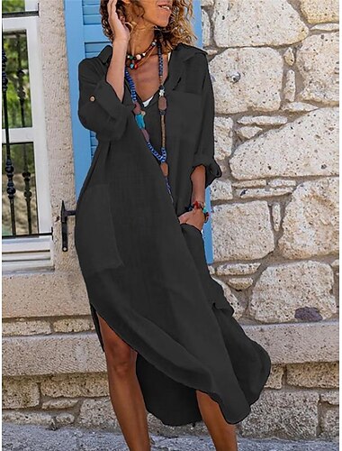  Damen Schwarz Weiß Rosa Sommer Frühling Maxikleid Weißes Kleid Baumwoll-Leinen-Kleider Hemdblusenkleid Lässig Urlaub Täglich Lässiger Schnitt Einfach V Ausschnitt