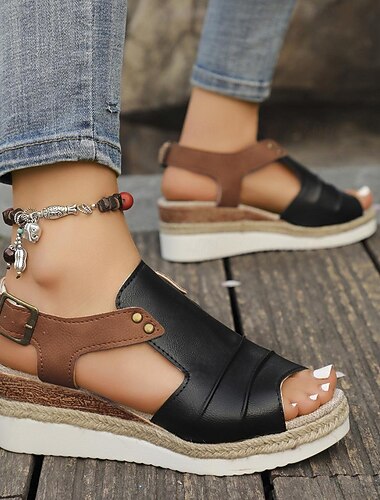  női piros és barna platform szandál – műbőr espadrille ékszandál csatos pánttal nyári utazásokhoz, strandoláshoz és hétköznapi viselethez