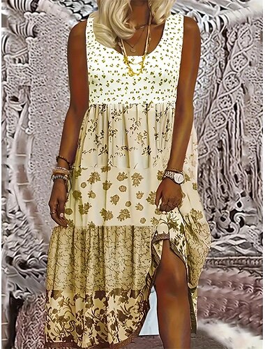  robe mi-longue à imprimé graphique pour femme, col ras du cou, style bohème, décontractée, rendez-vous à la maison, sans manches, été