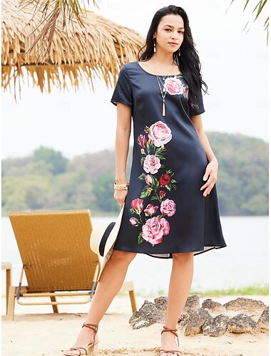 Mujer Vestido informal Vestido estilo camiseta Floral Estampado Cuello Barco Vestido Midi Cita Vacaciones Manga Corta Primavera