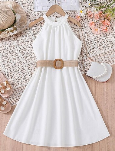  Kleid für Kinder, Mädchen, einfarbig, Neckholder-Kleid, über dem Knie, Kleid, Schule, Neckholder, schulterfrei, ärmellos, Modekleid, 7–13 Jahre, Sommer, hellgrün