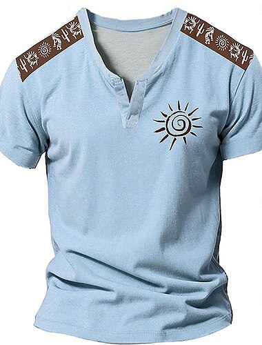  Herren Sonne aztekisch T Shirt Henley Hemd Kurzarm 3D-Druck Designer Ethnisch Lässig Täglich Sommer Blau Grün Khaki V Ausschnitt Henley Henley T-Shirt