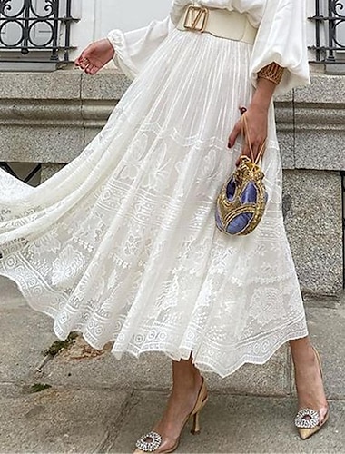  Mujer Falda Línea A Columpio Maxi Faldas Encaje Color sólido Casual Diario Fin de semana Verano Algodón Elegante Moda Blanco