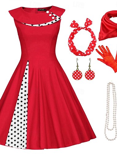  50er Jahre Outfit Schlagkleid 7-tlg 50er Jahre Accessoires Set Retro Vintage Swing Kleid Damen Cosplay Kostüm Party Date Festival