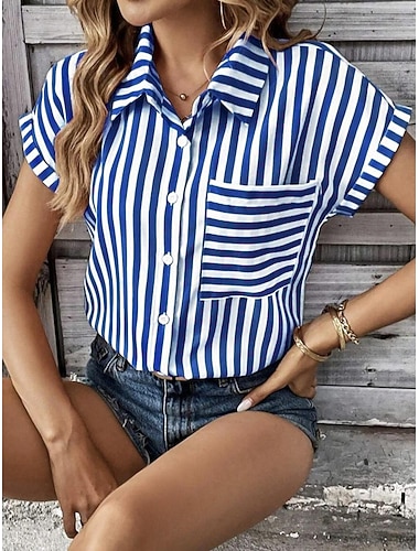  camicia da donna camicetta elegante moderna a righe bottoni stampa manica corta normale top colletto camicia vacanza quotidiano nero rosa rosso blu azzurro estate