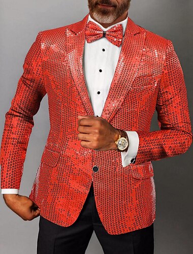  Heren blazer met feestpailletten, normale pasvorm, effen kleur, enkele rij knopen, één knoop, rood goud zilver 2024