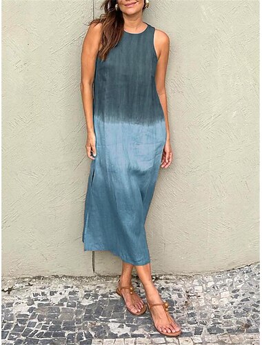  Women's Linen Sundress Ombre Print Crew Neck Long Dress Maxi Dress Stylish Daily Date Short Sleeve Summer