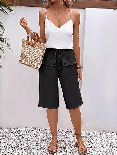  Damen Shorts aus Baumwollleinen Shorts Alltagstauglich Knielang Einfach Tasche Kordelzug Atmungsaktivität Bequem Unelastisch Wochenende Schwarz Marinenblau Blau Beige Sommer Normale Passform