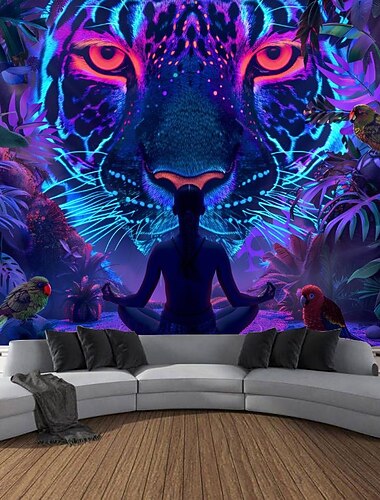  Tapisserie à lumière noire réactive aux UV qui brille dans le noir, décoration murale suspendue, mandala, léopard, méditation, psychédélique, trippante et brumeuse, pour salon, chambre à coucher