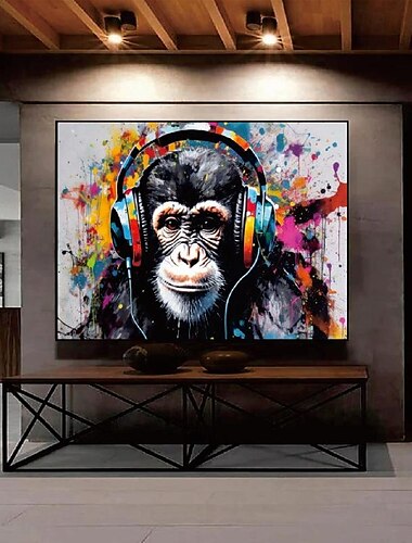  Pintura al óleo de mono, pintura de arte pop texturizada pintada a mano, arte de la lona, arte animal de mono, pintura hecha a mano, pintura animal moderna para decoración de pared de sala de estar