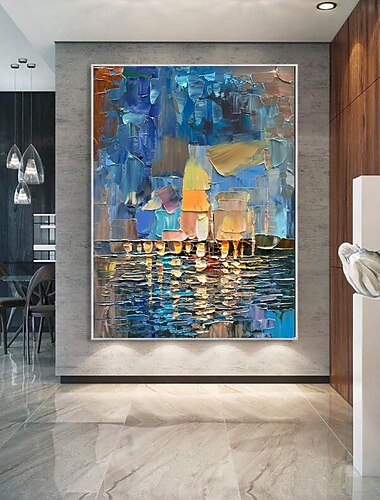  dipinti ad olio fatti a mano su tela decorazione della parete di arte astratta moderna coltello d rawing luci è venuto sul mare vista notturna per la casa soggiorno arredamento laminato senza cornice