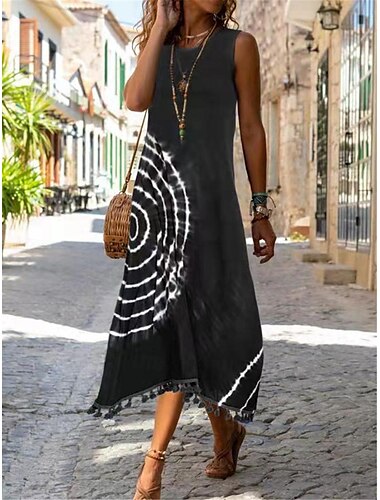  Damen Midikleid im Bohemian-Stil, ärmellos, Rundhalsausschnitt, Batikmuster, Fransendetails, Strand, lässig, blau, weiß, Einheitsgröße, Sommermode, Kleidung