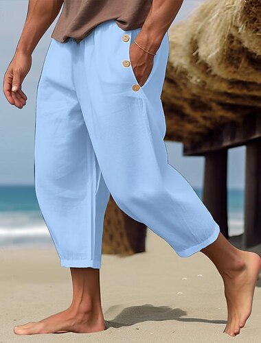  Herren Leinenhose Hose Hosen Sommerhosen Kordelzug Elastische Taille Glatt Komfort Atmungsaktiv In voller Länge Casual Täglich Festtage Modisch Klassicher Stil Weiß Blau