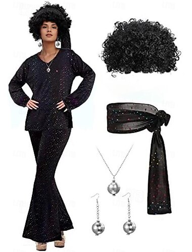  Hippie Scheibe Hippie 1970er Disko Austattungen Cosplay Perücken Zubehörset Damen Mädchen Kostüm Stirnbänder Halskette Ohrringe Jahrgang Party Abend Karnival Maskerade Langarm Ohrringe Schlager Outfit