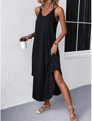  robe noire Robe casual Robe Débardeur Femme Robe Maxi Dos Nu Fendu Plein Air Vacances Vêtement de rue Maxi A Bretelles Sans Manches Standard Noir Vin bleu marine S M L XL 2XL