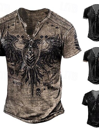 Voor heren T-shirt Henley-shirt Grafisch Doodskoppen Adelaar Henley Zwart / Wit Zwart / Grijs Zwart blauw Bruin Straat Casual Korte mouw Button-omlaag Afdrukken Kleding Stijlvol Vintage Basic Klassiek