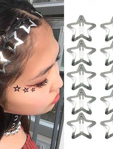  10 Stück 1,61" Stern-Haarspangen mit Druckknopf-Haarspangen, rutschfeste Stern-Haar-Accessoires für Mädchen und Frauen, 2000er-Jahre-Y2K-Haarspangen aus silbernem Metall