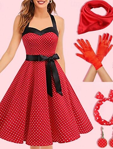  Vestido acampanado de inspiración vintage de los años 50, conjunto de accesorios para vestido de vuelo, disfraz de mujer, vintage, cosplay, cita, fiesta&amp; pañuelo de seda acampanado para festival