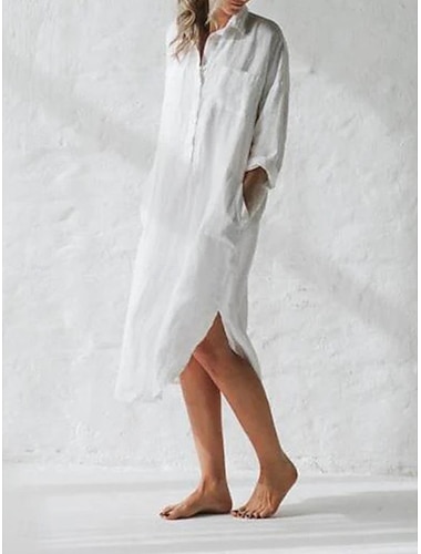  Per donna Abito Midi Finto cotone e lino Abito Camicia Abito Bianco Abito in lino Casual Quotidiano Vestibilità comoda Semplice Manica Lunga Colletto a Camicia Blu Bianco Viola Estate Primavera