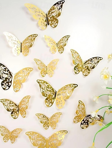  12pcs Golden Butterfly Decorations - 3D Wall Art for Parties, Crafts, and Baby Showers - Easy to Apply Stickers for Beautiful and Elegant Decor