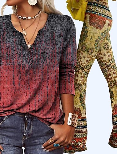  Damen passende Sets Hemd Henley-Shirt Bluse mit Schlaghose 2-teiliges Outfit Alltag Casual Paisley Farbverlauf Langarm Herbst & Frühling V-Ausschnitt