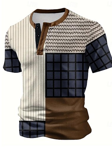  Pánské Pléd Tričko Tričko Henley Krátký rukáv 3D tisk Designové Ležérní Denní Léto Bílá Henley Tričko Henley