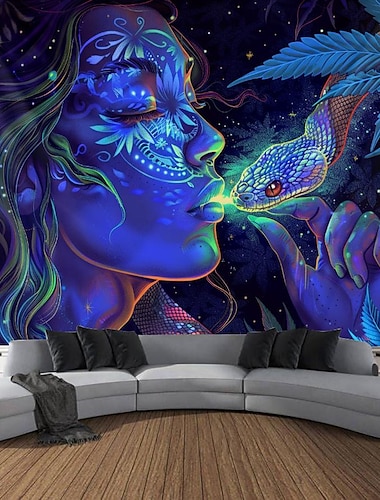  tapisserie à lumière noire réactive aux UV qui brille dans le noir, néon de fête, femme, marijuana, psychédélique, trippant, brumeux, tapisserie suspendue, art mural pour vivre