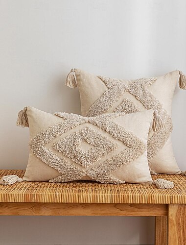  Funda de almohada decorativa bohemia con forma de diamante, borla beige de algodón para el hogar, dormitorio y sala de estar
