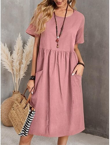 Γυναικεία Φόρεμα από λινό Βαμβακερό καλοκαιρινό φόρεμα Μίντι φόρεμα Τσέπη Καθημερινό Καθημερινά Στρογγυλή Ψηλή Λαιμόκοψη Κοντομάνικο Καλοκαίρι Άνοιξη Ανθισμένο Ροζ Βαθυγάλαζο Σκέτο