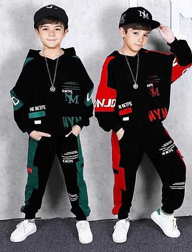  2 Pieces Toddler Boys Hoodie & Sweatpants Set Outfit Letter Long Sleeve Cotton Set Outdoor Fashion Daily Fall Winter 3-7 Years Red Green