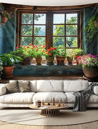  raam uitzicht hangend tapijt kunst aan de muur groot tapijt muurschildering decor foto achtergrond deken gordijn thuis slaapkamer woonkamer decoratie pottage boerderij cottagecore