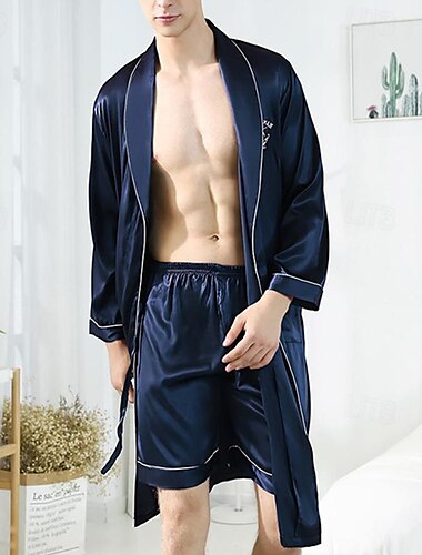  Hombre Pijamas Bata de seda Pijama Conjunto pijama 1 juego Plano Moda Elegante Clásico Hogar Diario Cama Poliéster Comodidad Suave Diseño Manga Larga Bermudas Verano Vino Azul Marino