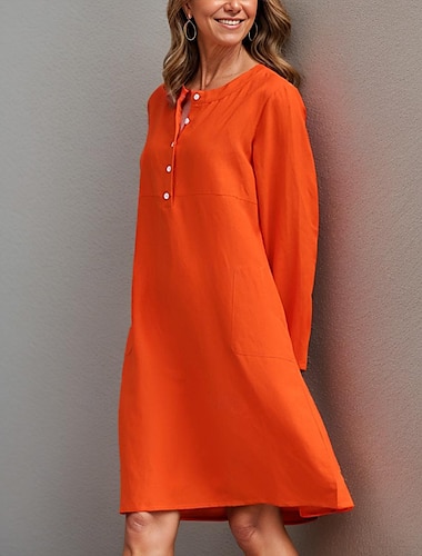  Mujer Vestido informal Mini vestido Lino Botón Bolsillo Vacaciones Playa Ropa de calle Básico Cuello Barco Manga Larga Naranja Color