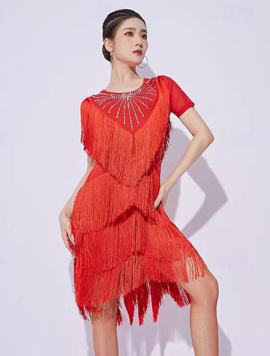  Latein-Tanz Kleid Quaste Farbaufsatz Kristalle / Strass Damen Leistung Ausbildung Kurzarm Gitter Milchfieber