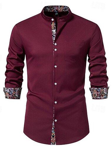  Voor heren Overhemd Chinees kraag overhemd Mandarijn kraag overhemd Zomer overhemd Normaal shirt Strand hemd Zwart Wit Wijn Lange mouw Paisley Kleurenblok opa kraag Band Kraag Vakantie Hawaii