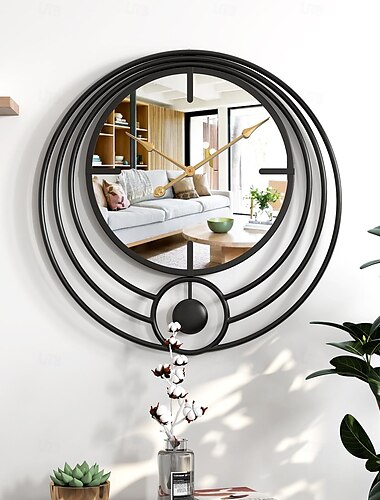  Reloj de pared electrónico Reloj de pared grande con espejo, redondo, funciona con pilas, movimiento de cuarzo silencioso, reloj de pared de metal para decoración del hogar, sala de estar, dorado,