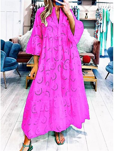  Maxikleid für Damen, weiß, Ösen, Puffärmel, Stufenrock, V-Ausschnitt, Frühling, Sommer, lässig, schick, Gartenparty, Urlaub, normale Passform