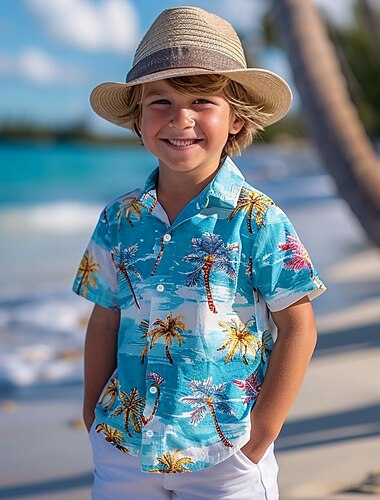  Chico 3D Graphic Hoja Árbol Camisas Azul Manga Corta Impresión 3D Verano Vacaciones Tropical Diario Niños 3-12 años Diseño Exterior Casual Diario A Medida